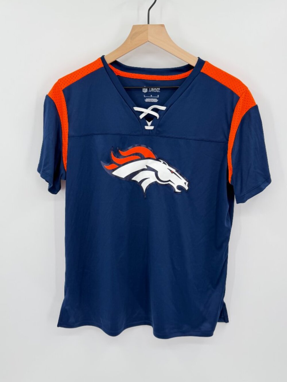 NFL Team Apparel Denver Broncos Women's Lace Up Jersey Shirt Blue Orange Large E - Picture 2 of 5